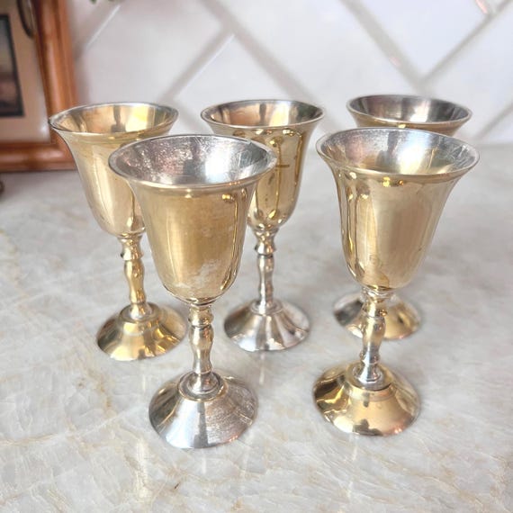 Vintage Silver-Plated Cordial Glasses – 5 Elegant Mini Goblets | Bar Cart Decor, Miniature Stemware, Hollywood Regency Silver Shot Cups