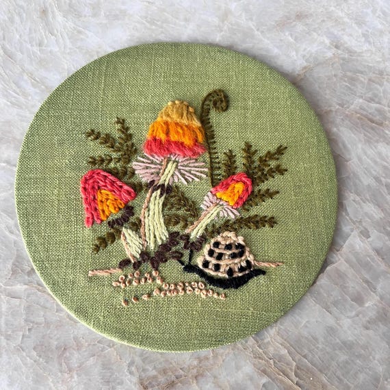 Vintage Hand-Embroidered Mushroom & Snail Art | Nature-Inspired Textile Wall Decor | Cottagecore Embroidery