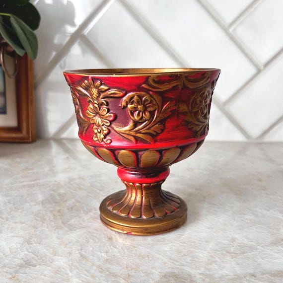 Vintage Red Pedestal Planter | Ornate Gilded Floral Design | Hollywood Regency Mini Vase or Entryway Table Catchall | Eclectic Shelf Decor