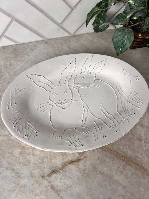 35" Large Beige Easter Bunny Serving Platter | Italian Pottery | Oval Sunday Brunch Platter | Family Dinner Dish | Spring Rabbit Centerpiece