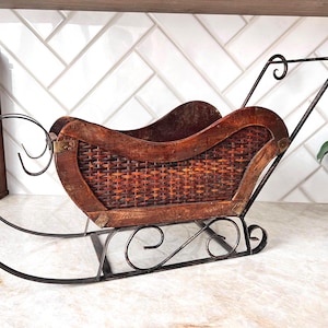 Vintage Wood and Wrought Iron Sleigh | Old-Fashioned Decorative Christmas Sled