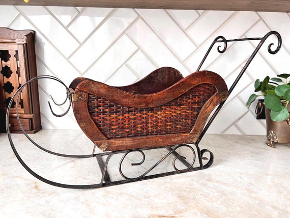 Vintage Wood and Wrought Iron Sleigh | Old-Fashioned Decorative Christmas Sled