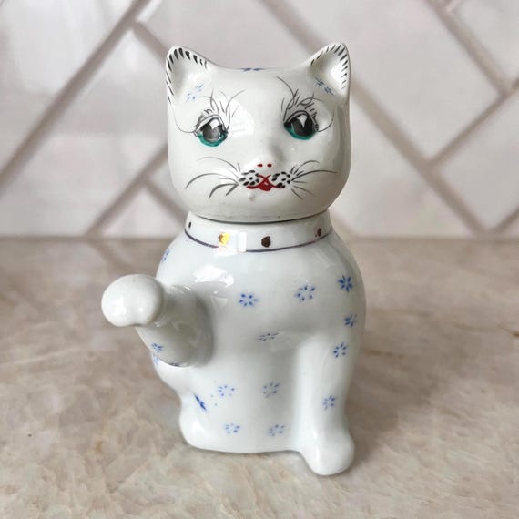 Vintage Porcelain Lucky Cat Creamer | Blue Floral Chinese Teapot Figurine | Hand-Painted Maneki Neko | Kawaii Cat Kitchen Decor
