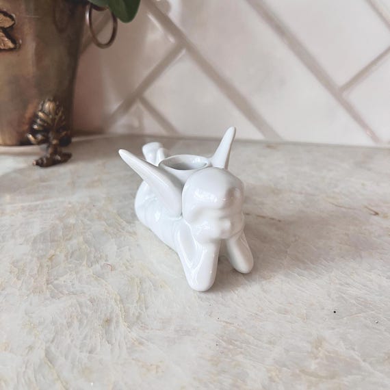 Vintage Porcelain Cherub Candle Holder – White Angel Figurine for Tealight, Romantic Cottagecore Angel Decor