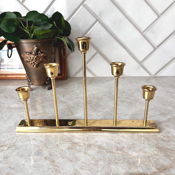 Vintage Brass Candelabra – 5 Taper Candle Holder, 12" Long x 7.5" Tall – Mid Century Modern Shiny Brass Table Decor