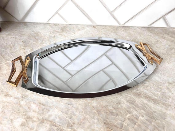 Vintage Silver Chrome Serving Tray with Brass Handles – Mid-Century Era Modern Oval Barware Tray, Old Hollywood Regency Style, Gilded Age