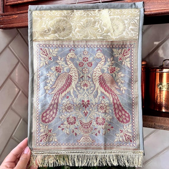 Vintage Woven Peacock Tapestry Wall Hanging – Elegant Birds & Floral Design with Gold Fringe – Boho, Cottage, or Victorian Home Decor