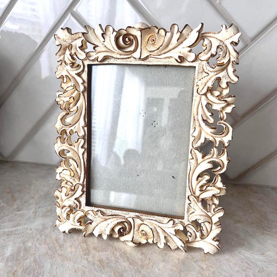 Vintage Ornate Baroque Frame – Scroll Leaf Design, Cream and Gold Distressed – Rococo Photo Frame – French Provincial Home Decor