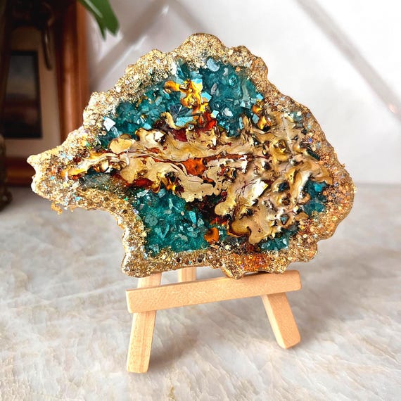 Mini Resin Geode Art | Abstract Crystal Slice on Easel | Blue & Gold Faux Geode Decor | Glitter Desk Art | Boho Glam Shelf Accent