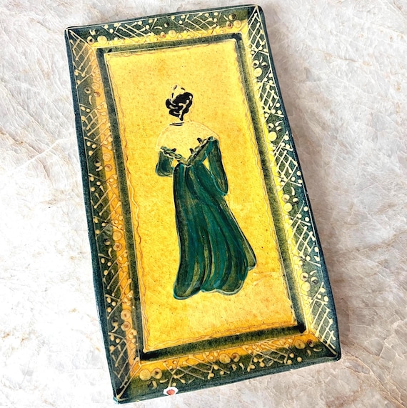 TERRE E PROVENCE French Ceramic Wall Tile – 50s 60s MCM Wall Hanging – Handmade Pottery Woman in Green Dress – Vintage Provence Decor