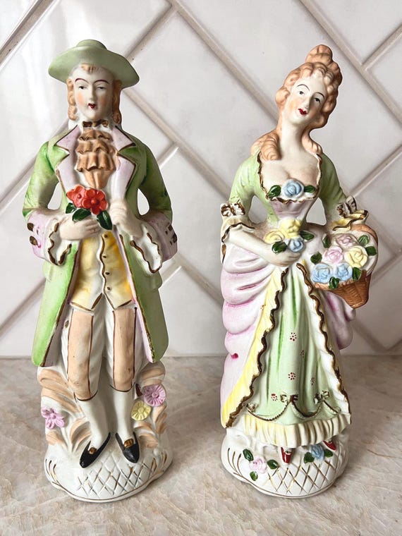 Vintage Victorian Couple Figurines – Hand-Painted Porcelain Man & Woman Statues, 10" Tall Ceramic Figurines, Rococo Style Mantle Shelf Decor