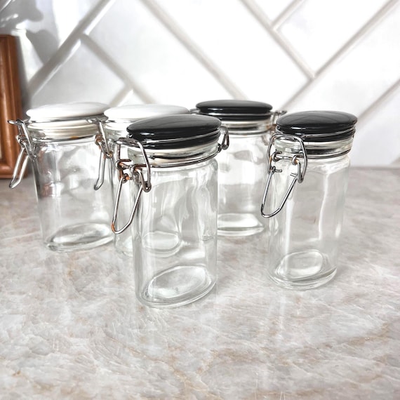 Set of 5 Vintage Glass Apothecary Spice Jars with Black & White Ceramic Clamp Lids – French Country Kitchen Decor, Herb Storage