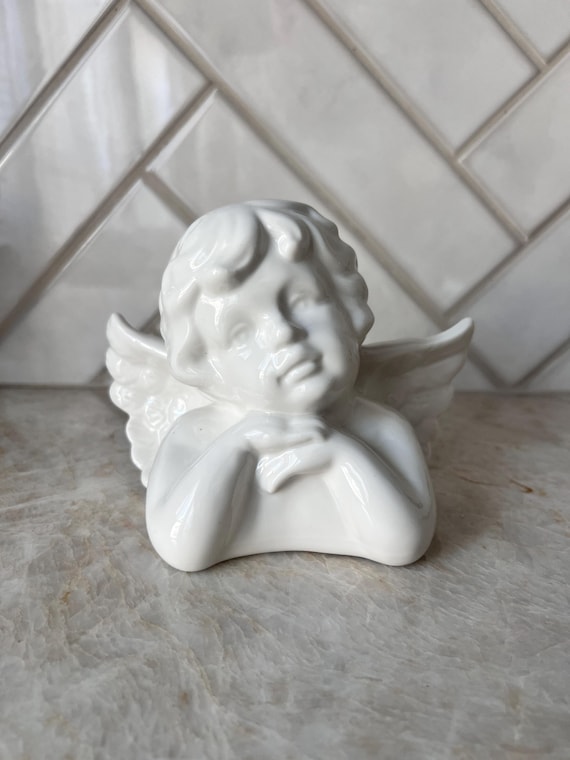 Vintage French Angel Head Porcelain Shelf Decor – Antique Cherub Bust, Elegant European Figurine | White Ceramic Angel Statue