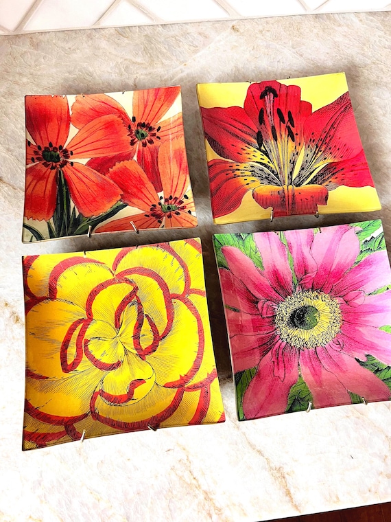 Set of 4 Carol Kaas Decoupage Glass Plates | Floral Art, Wall Decor, Vintage-Inspired Handmade Collectibles |