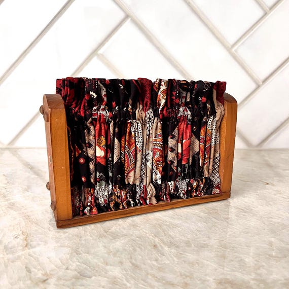 Vintage Wood and Fabric Napkin Holder, 1980s Handmade Retro Kitchen Decor, Floral Hand-Painted Table Accessory, Desktop Organizer Caddy