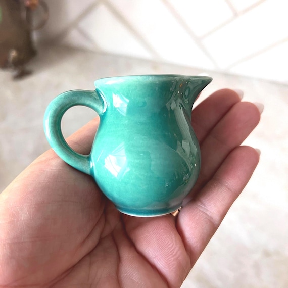 Vintage Mini Green Ceramic Pitcher – Glazed Pottery Creamer, Tiny Bud Vase, Farmhouse Shelf Decor