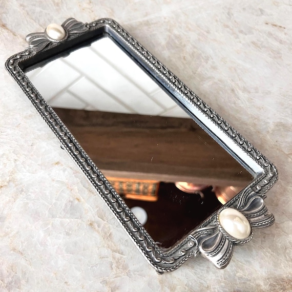 Vintage Coquette Ornate Vanity Mirror with Faux Pearls | Silver Decorative Tray Mirror | Hollywood Regency Dresser Display | Perfume Tray