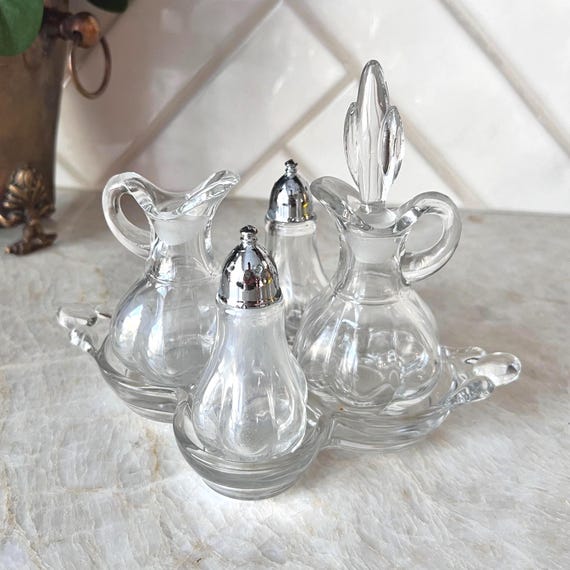 Vintage Duncan & Miller Canterbury Glass Condiment Set – Mid Century Elegant Dining Tableware | Oil, Vinegar, Salt, Pepper with Tray