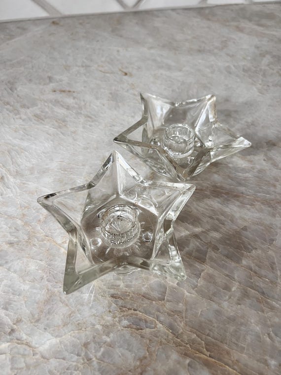 Vintage Hazel Atlas Clear Pressed Glass Star Candle Holders - Set of 2 | Retro Celestial Tableware & Mantle Decor | MCM Collectible Gift
