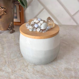 Ceramic Storage Canister with Bamboo Lid – White Gradient Jar for Crystals, Tea, Spices, or Bath Salts – Modern Minimalist Decor