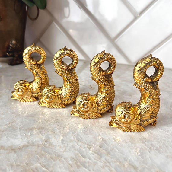 Metropolitan Museum of Art Gold Dolphin Figurines – Set of 4 Vintage Ornate Fish Sculptures, Gilded Classical Museum Decor