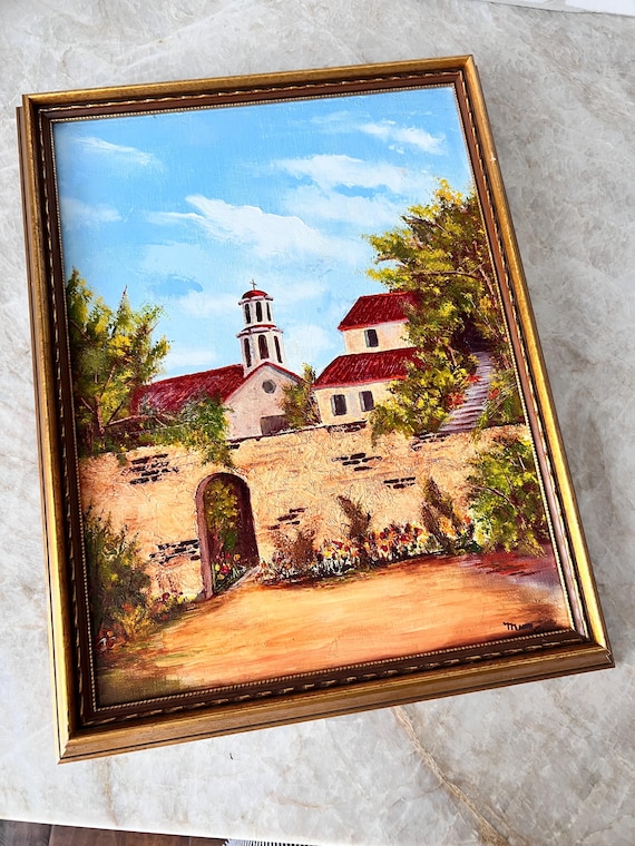 Original Historic Hand-Painted Mission Style Landscape | Catholic Framed Canvas Wall Art | Rustic Spanish Country Architecture Scene