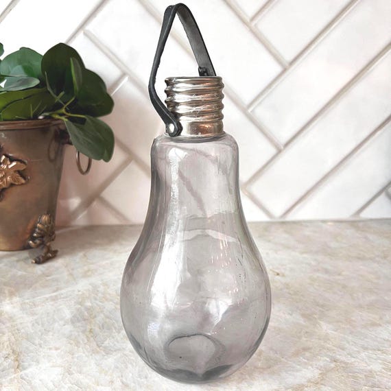 Smoky Glass Light Bulb Vase with Metal Hanger | Industrial Hanging Bud Vase | 8" Tall Steampunk Propagation Vessel | Plant Geek Gift