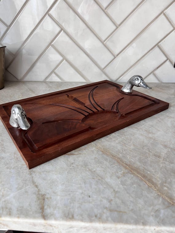 Rare 1980s Bruce Fox Wood Cutting Board – Mallard Duck & Cattail Design – Hard to Find Vintage Piece