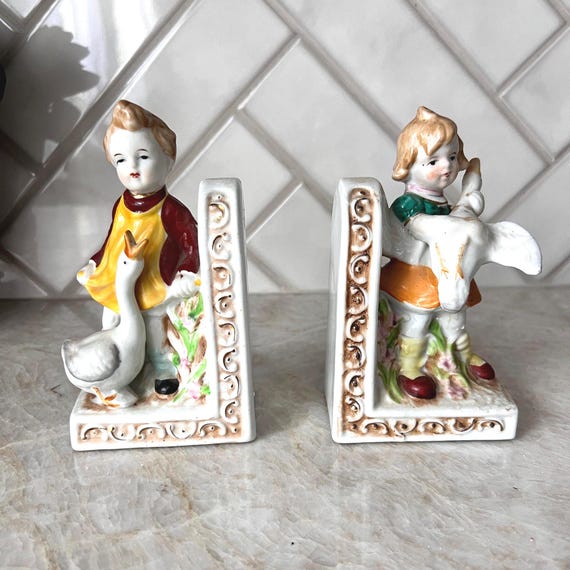 Vintage Nursery Bookends | Ceramic Boy & Girl with Ducks | Cottagecore Baby Room Decor | Farmhouse Storybook Shelf Holders