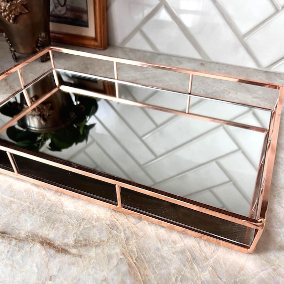 Rose Gold Mirrored Vanity Tray – Modern Glass Perfume Tray, Elegant Jewelry Display, Bathroom Counter Decor, Makeup Organizer