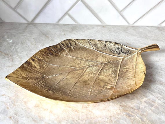 Vintage Gold Leaf Dish – Metal Foil Fruit Bowl, Trinket Tray, Mid Century Modern Catchall, Indian-Inspired Altar Decor or Jewelry Holder