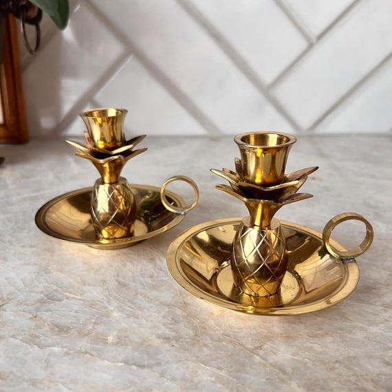 Set of Vintage Brass Pineapple Candle Holders | Palm Beach Regency Taper Holders | Hollywood Glam Brass Decor | Tropical Boho Table Accents