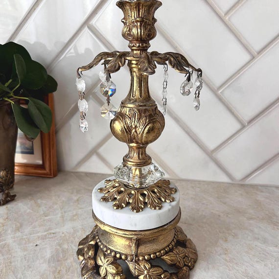 Vintage Brass & Marble Candlestick | Ornate Heavy Candle Holder with Crystals | Hollywood Regency Decor