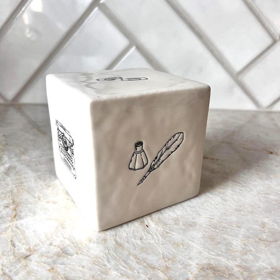 Rare Rae Dunn Ceramic Paperweight – Quill & Typewriter Desk Cube, Minimalist Writer’s Gift, Office Decor, Hard-to-Find Collectible