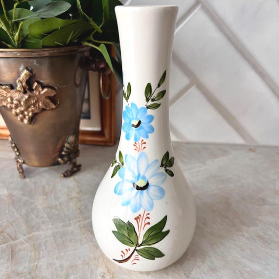 Vintage FTD Portugal SADO Vase – 1979 FTDA Blue Floral Ceramic Bud Vase – Cottagecore Shabby Chic Gardener Gift