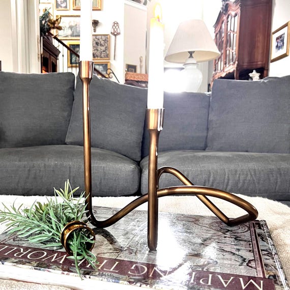 Vintage Modern Brass Candelabra – Sculptural Geometric Two Taper Candle Holder, Mid Century Style Minimalist Metal Decor