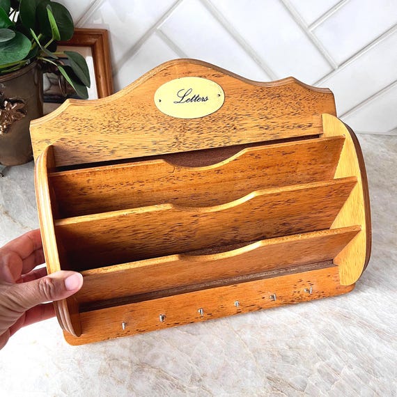 Vintage Wooden Wall Hanging Letter Holder | Mail Sorter with Key Hooks | Nostalgic Entryway Organizer |