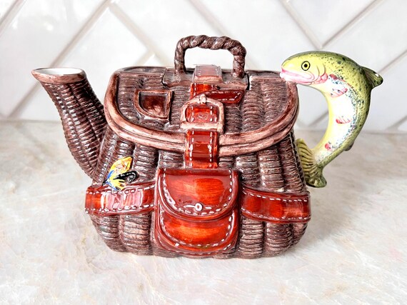 Vintage Fly Fisherman Teapot – Wicker Creel Basket Ceramic Teapot w/ Fish Handle, Lake House Cabin Decor | Father's Day Gift For Dad