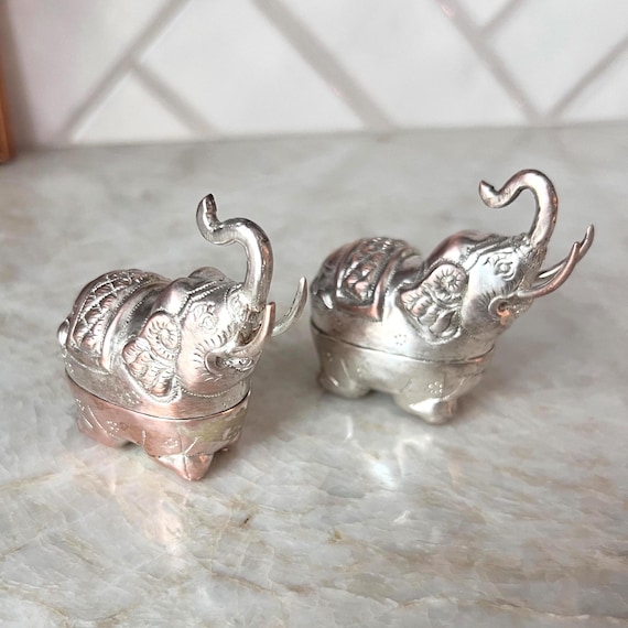 Vintage Miniature Elephant Betel Nut Box | Small Cambodian Trinket Boxes | Silver Tone Etched Elephants | Boho Global Decor