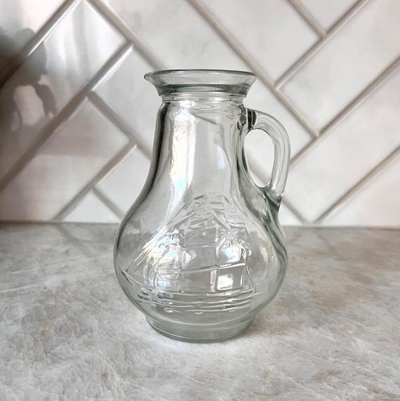 Vintage Atlas Glass Pitcher with Embossed Sailing Ship | Nautical Clear Glass Juice Jug | Coastal Cottagecore Barware | Ocean-Theme