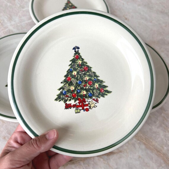 Set of 4 Vintage Christmas Tree Plates – Holiday Stoneware Dessert Plates by Penny Garland Pottery, 7.5" Diameter | Seasonal Salad Plates