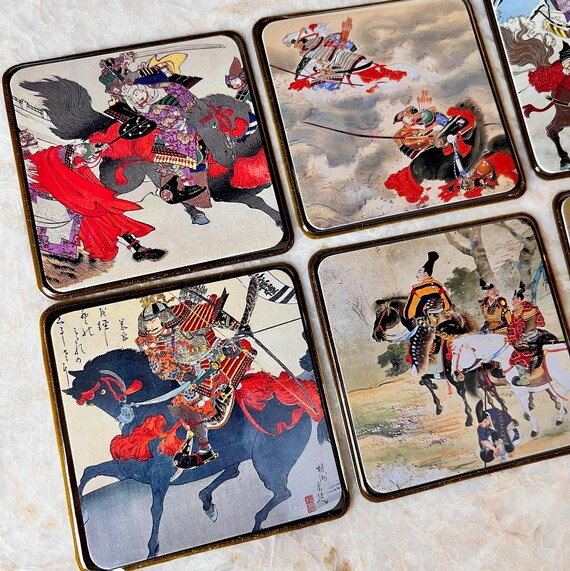 Vintage Japanese Samurai Coasters – Set of 6 | Traditional Warrior Battle Scene Drink Coasters | Asian Art Decor | Mid Century Japan