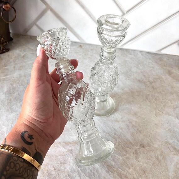 Vintage Set of AVON Glass Candle Holders, Clear Pressed Glass Perfume Bottle Candlestick Holders, Pineapple Design, 1970's AVON Decor