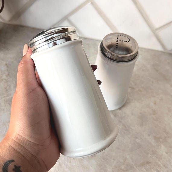 Vintage White Porcelain Salt and Pepper Shakers with Chrome Tops – Minimalist Kitchenware, Mid-Century Tabletop Decor