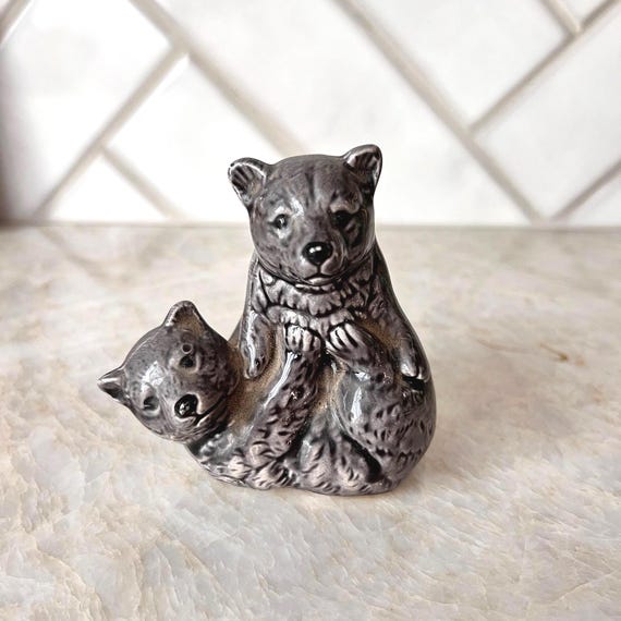 Vintage Ceramic Wolf Cubs Figurine | Playful Wolves Sculpture | Wildlife Decor | Cabin Shelf Decor & Fire Mantle Accessories