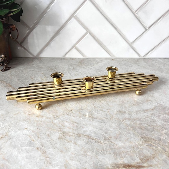 Mid-Century Modern Brass Candle Holder | Vintage 3-Taper Candlestick Holder | Hollywood Regency Table Centerpiece | Retro Gold Decor