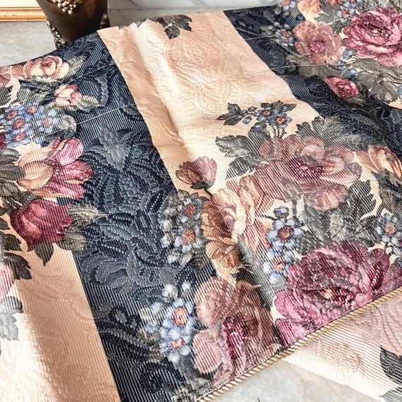 Set of Vintage JCPenney Floral Valance 90s Drapery Panel | 90”x16” Rose & Navy Tapestry Curtain | Shabby Chic Grandmillennial Window Decor