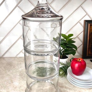 Vintage Glass Apothecary Jar Trio | Stackable Candy Bell Jars with Lid | Clear Large Display Jars | Bathroom or Kitchen Countertop Storage