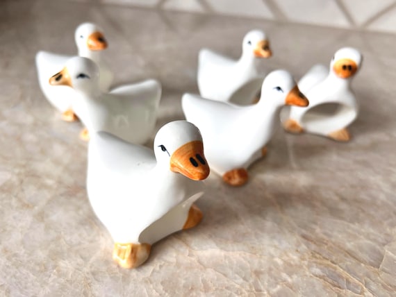 Vintage Duck Napkin Rings – 4 Ceramic 1980's Country Kitchen Birds | Whimsical Duckling Decor | Cottage Dining Table Accents | Kitschy Ducks