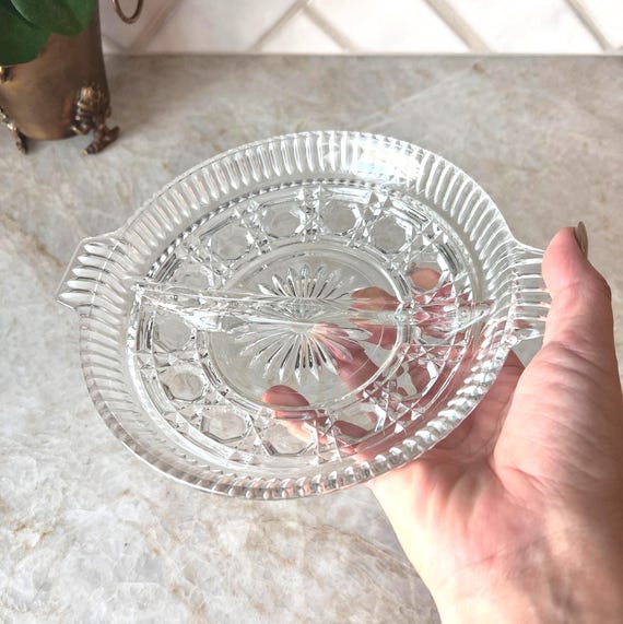 Vintage Divided Round Glass Relish Tray – Pressed Glass Catchall Dish with Starburst Design